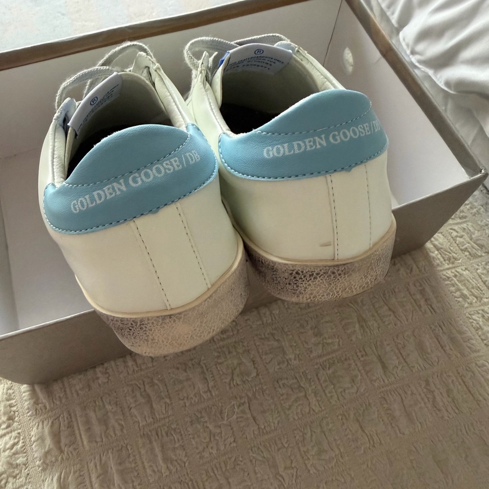 Golden Goose Cream and Blue Sneakers